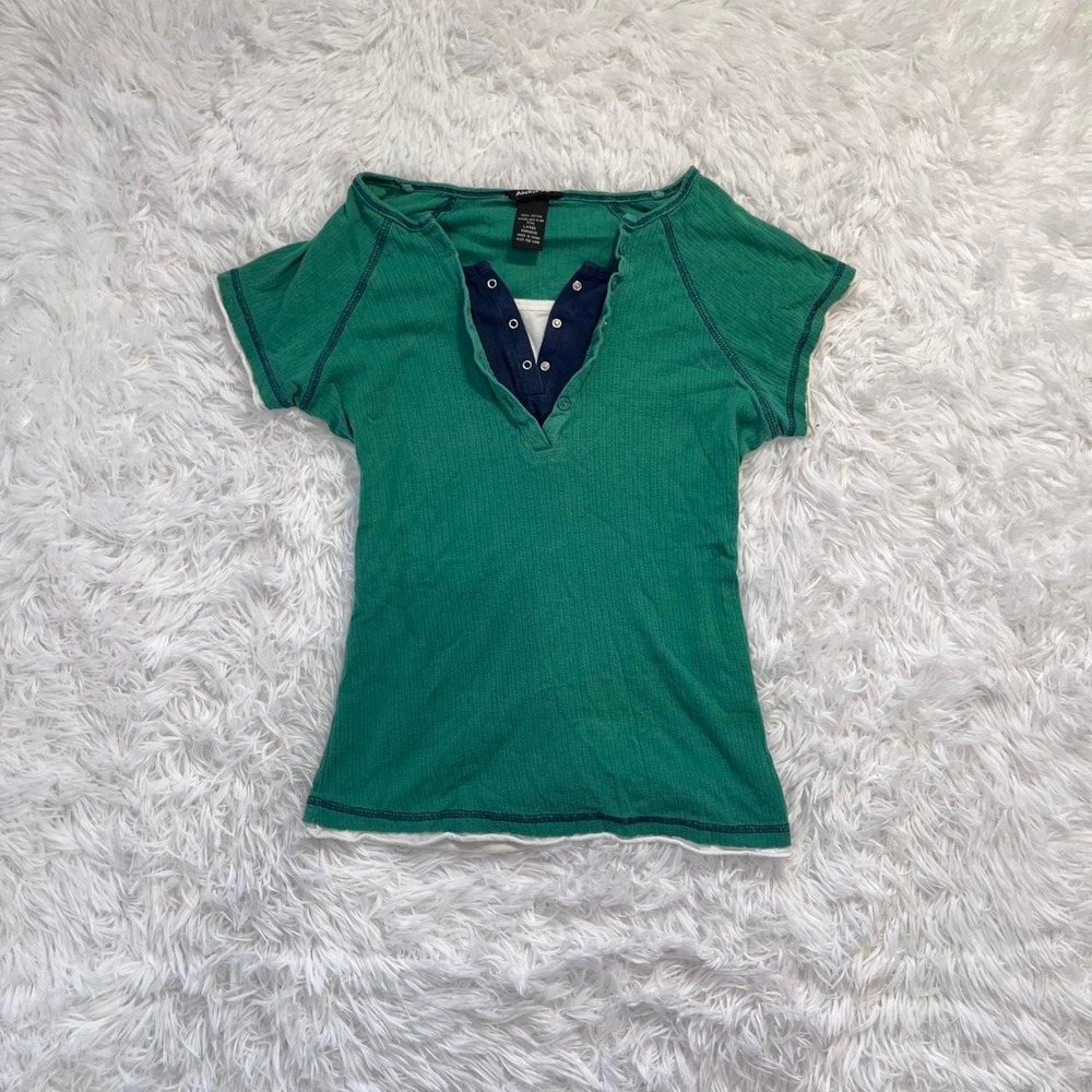 y2k green layered button up cotton ribbed henley top large